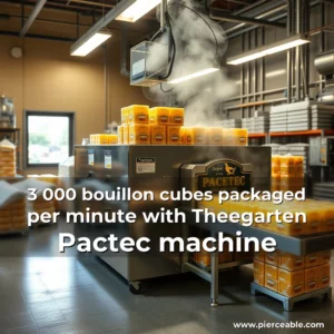 Artistic representation for 3 000 bouillon cubes packaged per minute with Theegarten Pactec machine